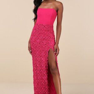 Lulus Ravishing Appeal Fuchsia 3d Floral Applique Strapless Maxi Dress Pink